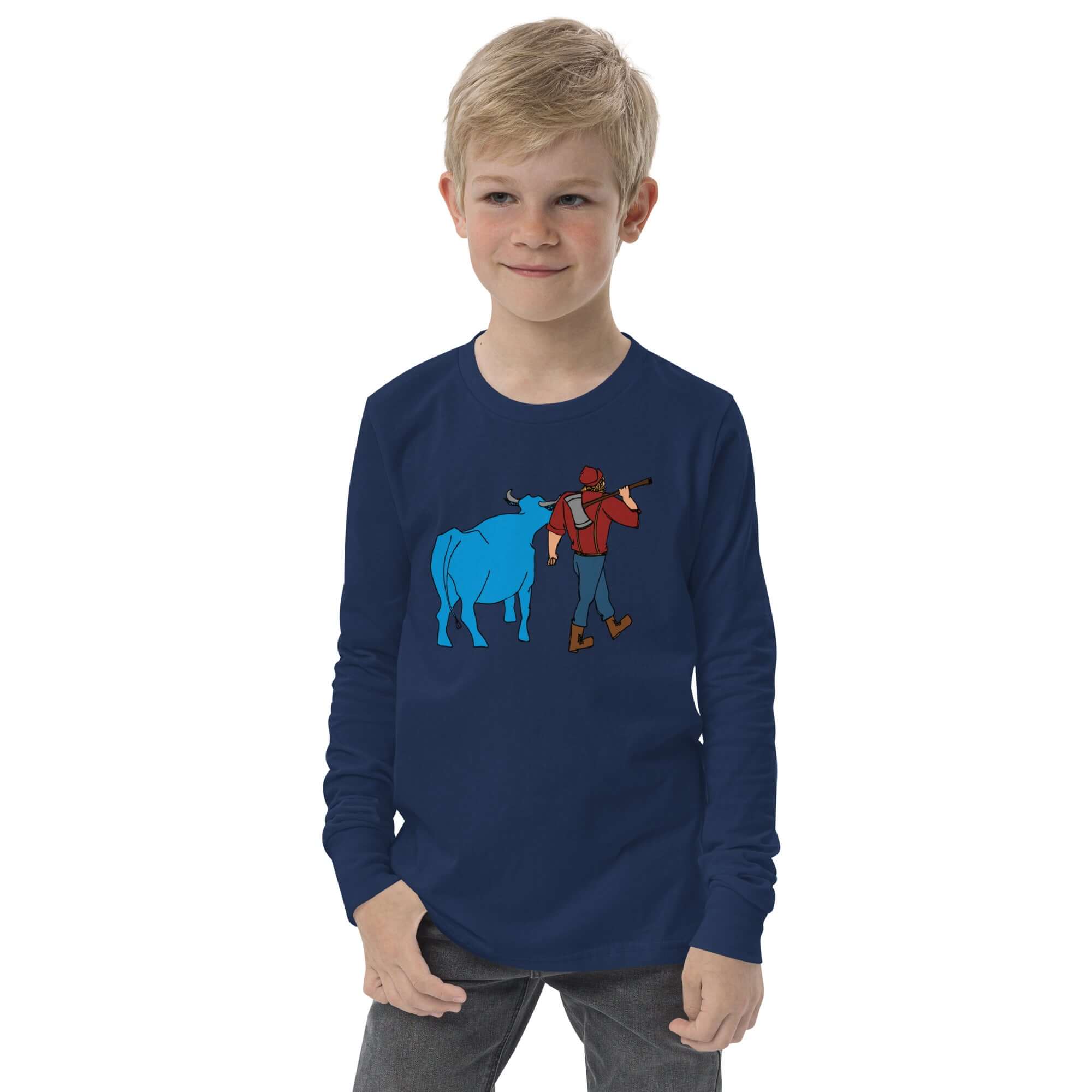 Paul Bunyan and Babe the Blue Ox Kids Long Sleeve Shirt ThatMNLife Navy / S Minnesota Custom T-Shirts and Gifts