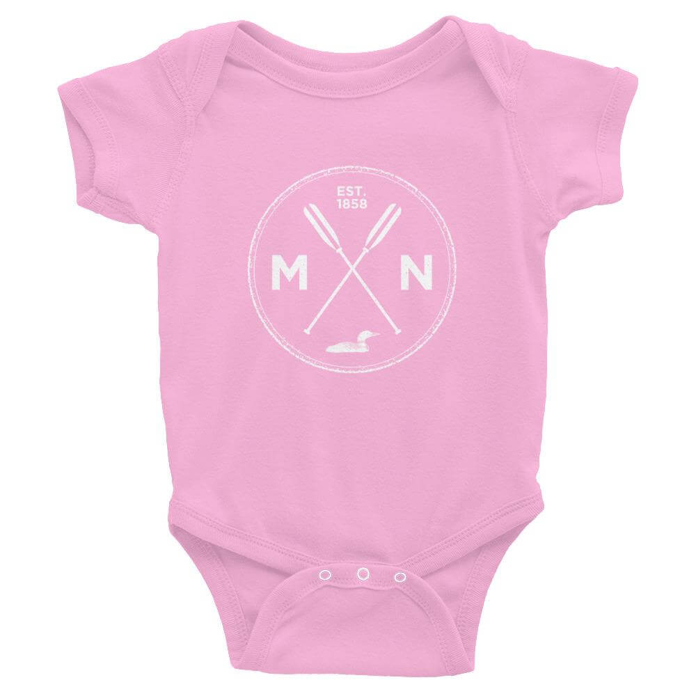 Minnesota Seal: 1858, Loon, Oars Baby Onesie ThatMNLife Baby Onesie Pink / 6M Minnesota Custom T-Shirts and Gifts