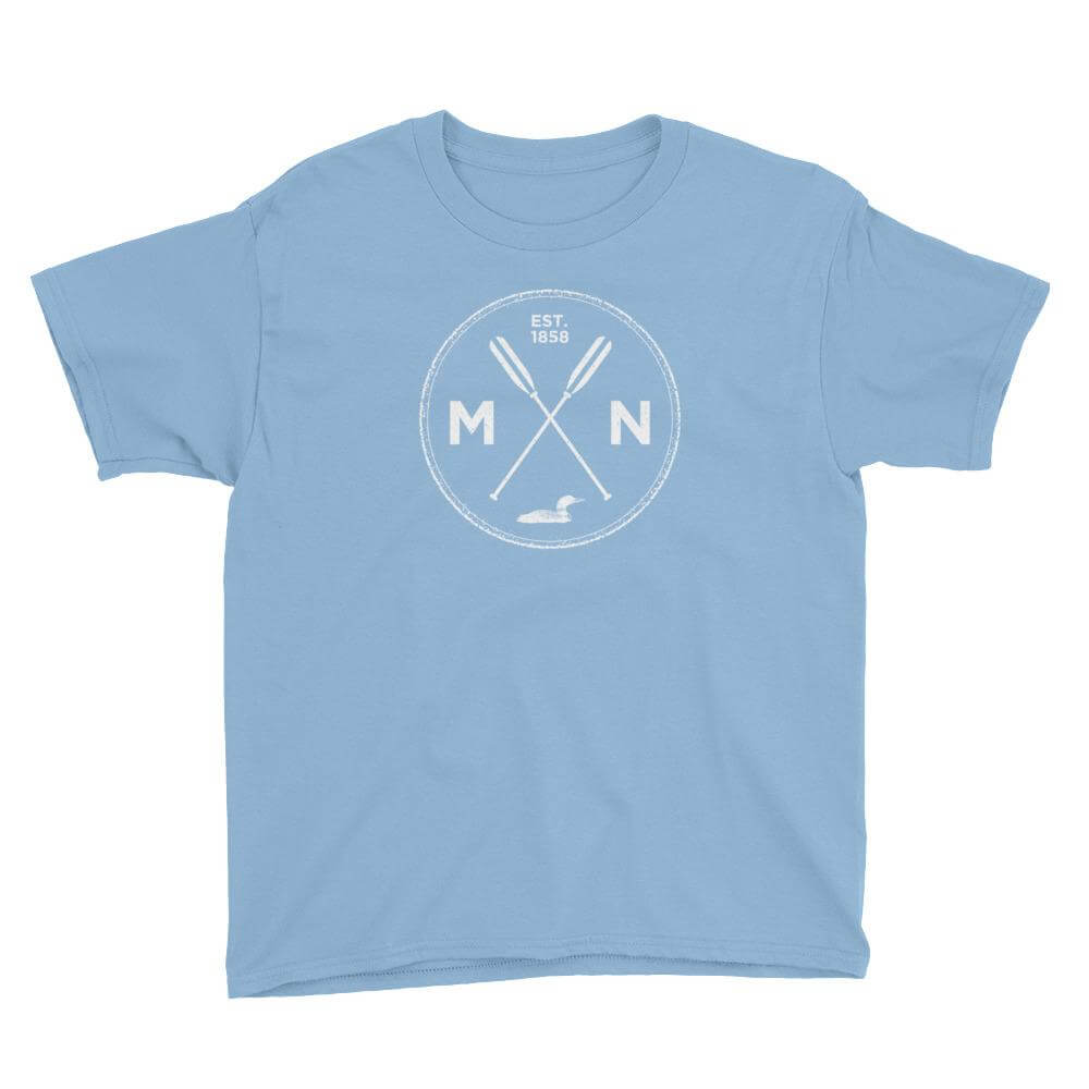 Minnesota Seal: 1858, Loon, Oars Kids T-Shirt ThatMNLife T-Shirt Light Blue / XS Minnesota Custom T-Shirts and Gifts