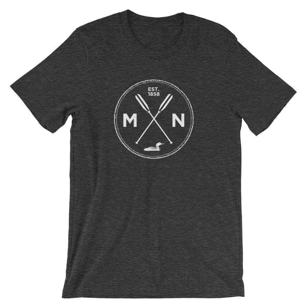 Minnesota Seal - MN, Est 1858, Loon, Oars Men's/Unisex T-Shirt ThatMNLife T-Shirt Dark Grey Heather / S Minnesota Custom T-Shirts and Gifts