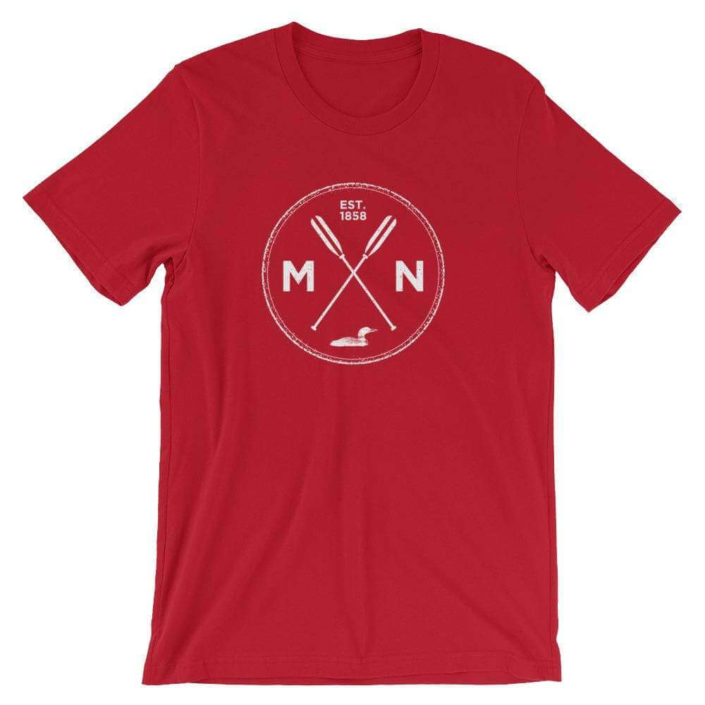 Minnesota Seal - MN, Est 1858, Loon, Oars Men's/Unisex T-Shirt ThatMNLife T-Shirt Red / S Minnesota Custom T-Shirts and Gifts