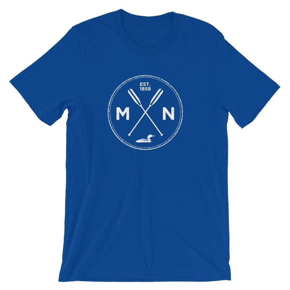 Minnesota Seal - MN, Est 1858, Loon, Oars Men's/Unisex T-Shirt ThatMNLife T-Shirt True Royal / S Minnesota Custom T-Shirts and Gifts