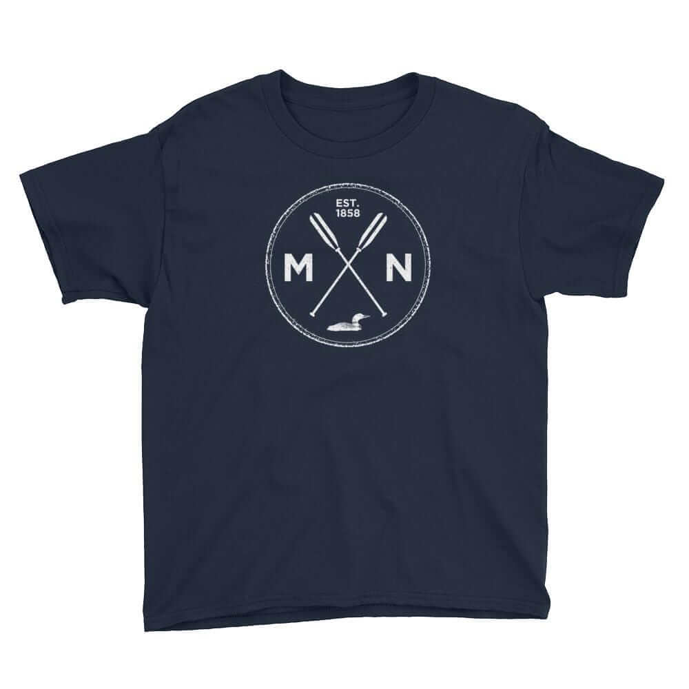 Minnesota Seal - MN, Est 1858, Loon, Oars Youth T-Shirt ThatMNLife T-Shirt Navy / S Minnesota Custom T-Shirts and Gifts