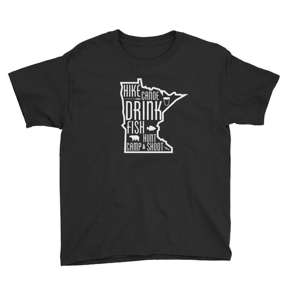Minnesota State Outdoors (Hike, Canoe, Fish, Hunt, Camp) Youth T-Shirt ThatMNLife T-Shirt Black / XS Minnesota Custom T-Shirts and Gifts
