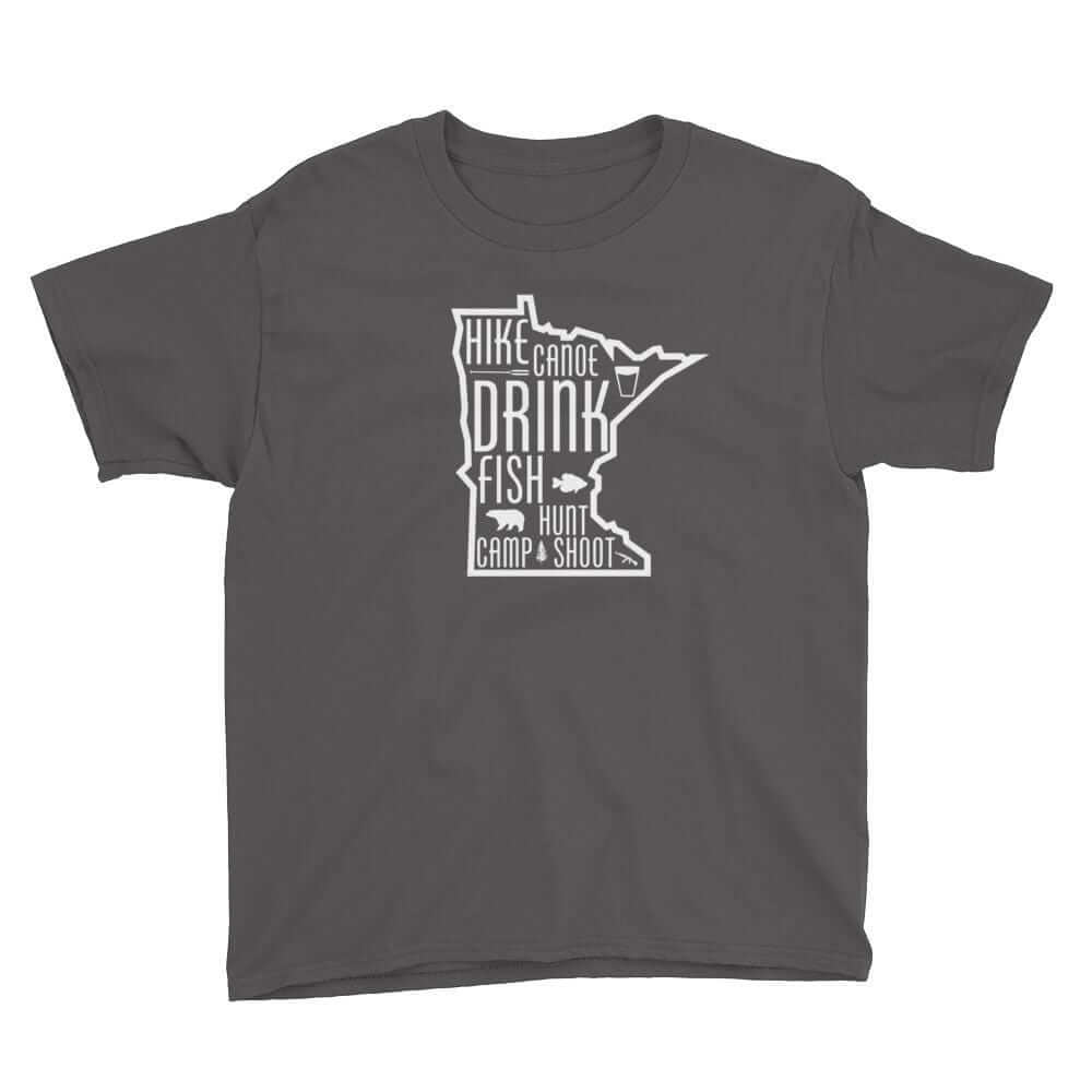 Minnesota State Outdoors (Hike, Canoe, Fish, Hunt, Camp) Youth T-Shirt ThatMNLife T-Shirt Charcoal / XS Minnesota Custom T-Shirts and Gifts