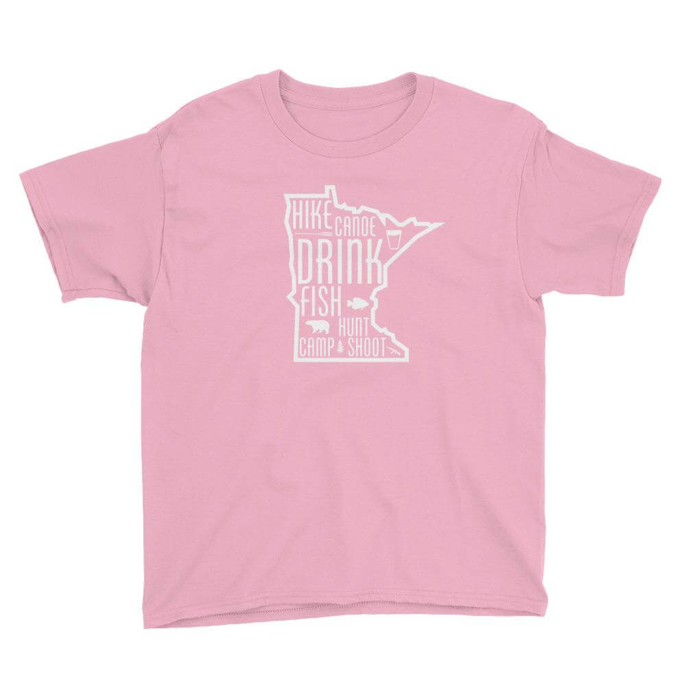 Minnesota State Outdoors (Hike, Canoe, Fish, Hunt, Camp) Youth T-Shirt ThatMNLife T-Shirt CharityPink / XS Minnesota Custom T-Shirts and Gifts