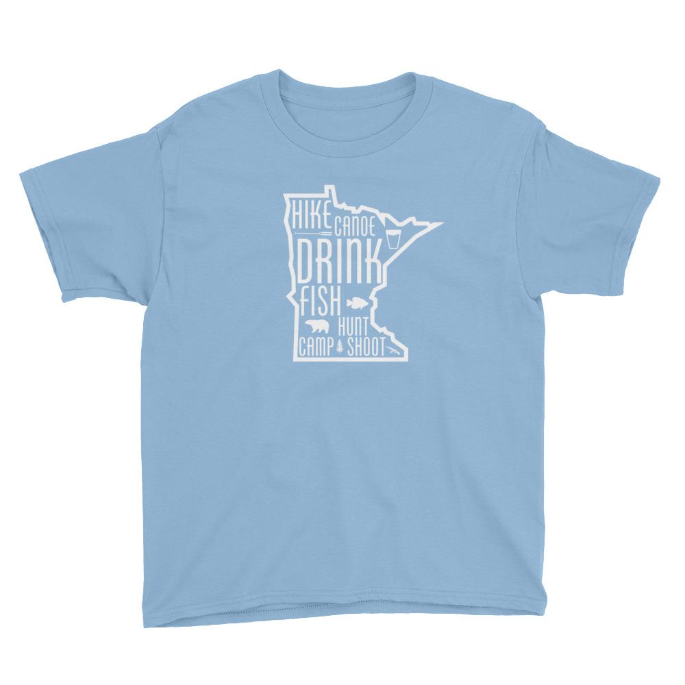 Minnesota State Outdoors (Hike, Canoe, Fish, Hunt, Camp) Youth T-Shirt ThatMNLife T-Shirt Light Blue / XS Minnesota Custom T-Shirts and Gifts