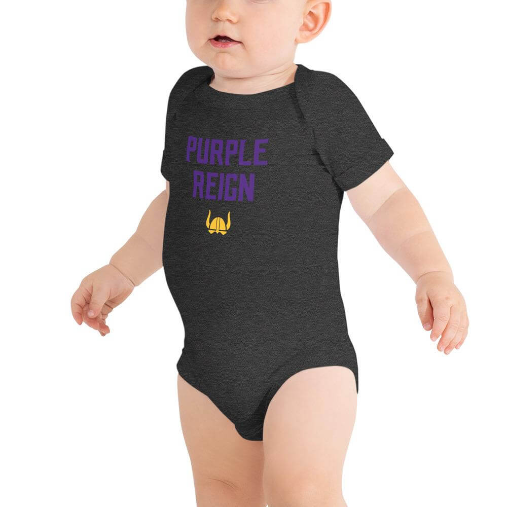 Purple Reign Minnesota Vikings Football Fan Skol Toddler Baby Short Sleeve Onesie ThatMNLife Dark Grey Heather / 3-6m Minnesota Custom T-Shirts and Gifts